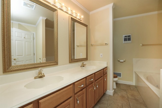 bathroom featuring tile patterned floors, ornamental molding, vanity, and a tub