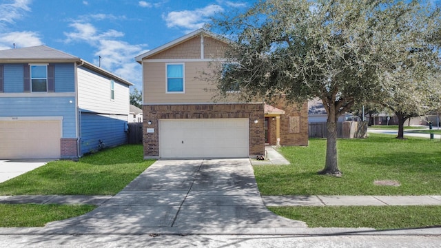 view of front facade with a garage and a front lawn