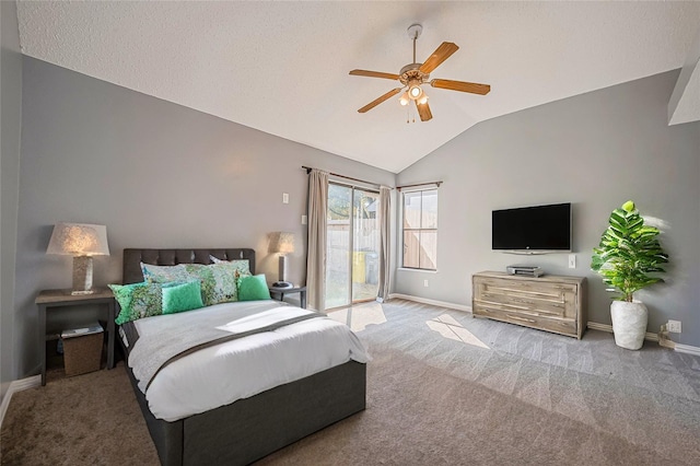 bedroom featuring lofted ceiling, access to outside, light carpet, and ceiling fan