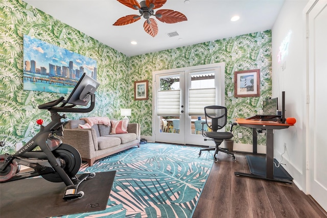 office space with ceiling fan, dark hardwood / wood-style flooring, and french doors