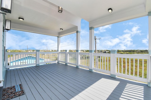 deck with a fenced in pool