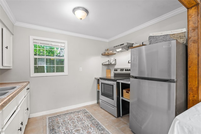 kitchen with crown molding, stainless steel appliances, light tile patterned flooring, and white cabinets