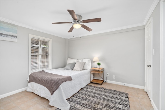 bedroom with light tile patterned floors, ornamental molding, and ceiling fan