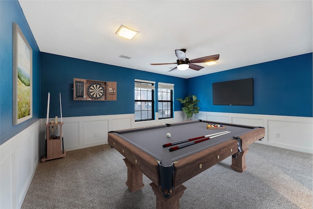 recreation room with ceiling fan, pool table, carpet floors, and a textured ceiling