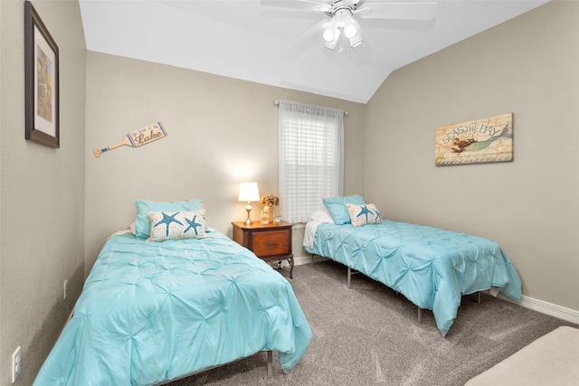 bedroom featuring ceiling fan, lofted ceiling, and carpet