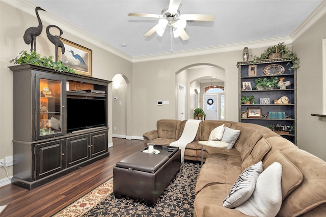 living room featuring ceiling fan, ornamental molding, and dark hardwood / wood-style floors