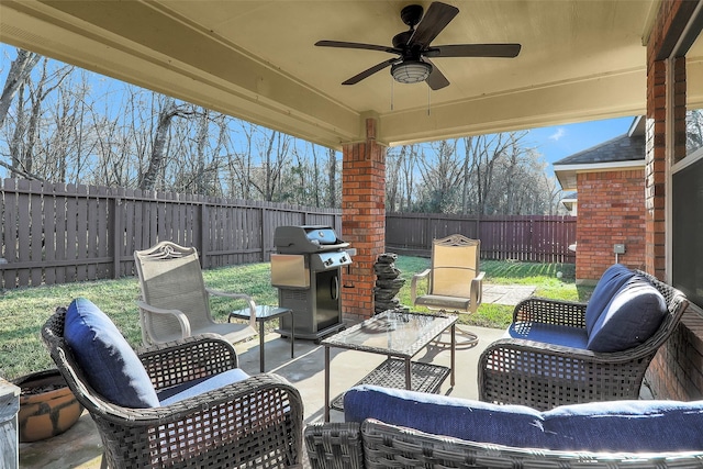 view of patio / terrace featuring a grill, an outdoor hangout area, and ceiling fan