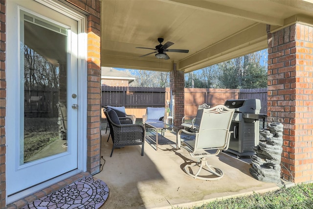 view of patio / terrace featuring a grill, an outdoor hangout area, and ceiling fan