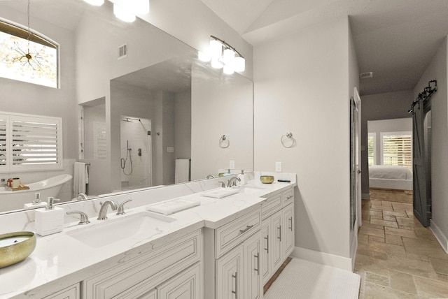 bathroom featuring vanity, shower with separate bathtub, and high vaulted ceiling