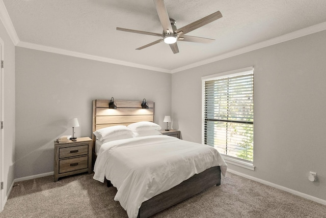 bedroom featuring crown molding, carpet, and ceiling fan