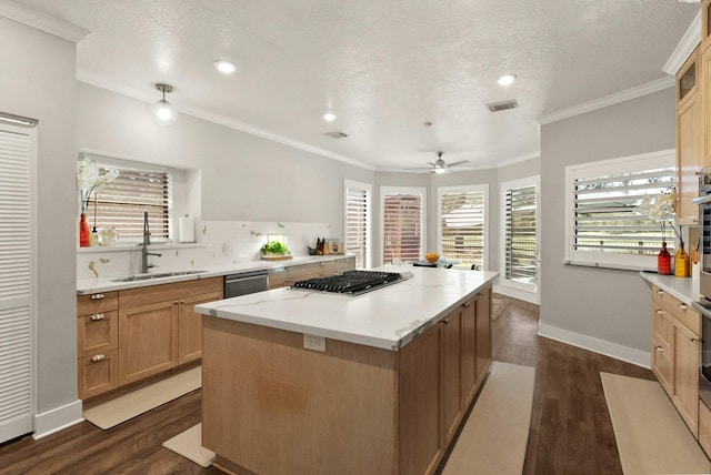 kitchen with dark wood-type flooring, appliances with stainless steel finishes, sink, and a kitchen island