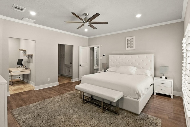 bedroom with connected bathroom, ornamental molding, ceiling fan, dark wood-type flooring, and a textured ceiling