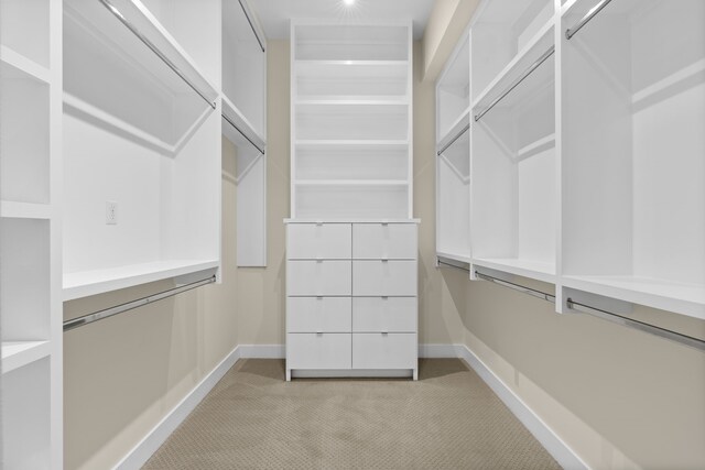 walk in closet featuring light carpet