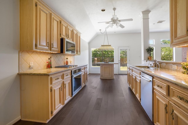 kitchen featuring sink, light brown cabinets, dark hardwood / wood-style floors, and appliances with stainless steel finishes