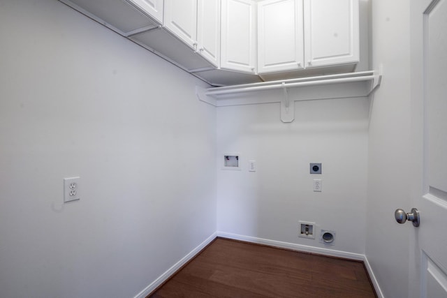 laundry room featuring dark wood-type flooring, cabinets, hookup for an electric dryer, and hookup for a washing machine