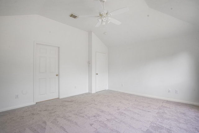 bonus room featuring ceiling fan, lofted ceiling, and light colored carpet