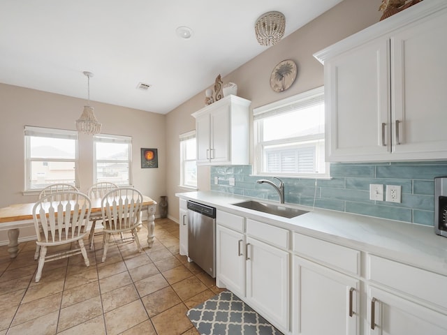 kitchen with sink, stainless steel dishwasher, pendant lighting, decorative backsplash, and white cabinets