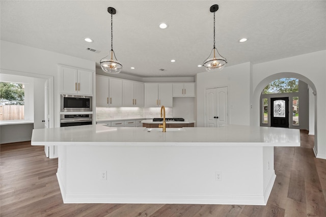 kitchen with stainless steel appliances, a large island, sink, and white cabinets