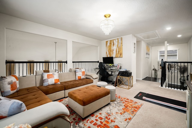 carpeted living room with a notable chandelier