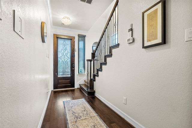 foyer entrance featuring crown molding and dark wood-type flooring