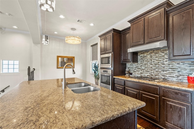 kitchen with decorative light fixtures, sink, ornamental molding, stainless steel appliances, and dark brown cabinets