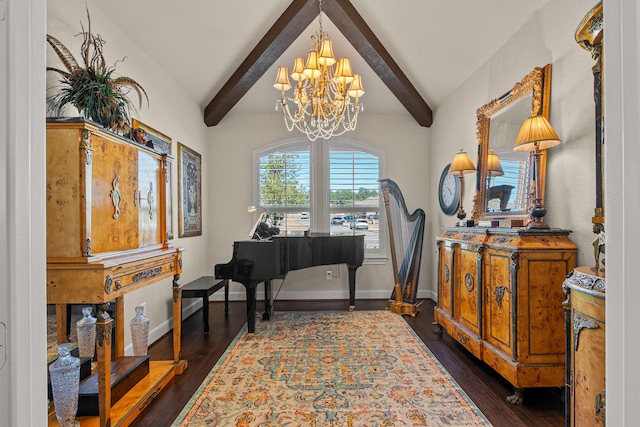 sitting room featuring lofted ceiling with beams, dark wood finished floors, and baseboards