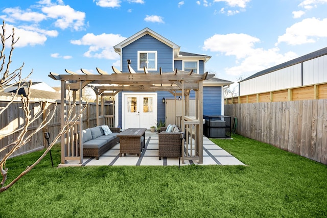 rear view of property featuring a patio, a yard, a fenced backyard, a pergola, and outdoor lounge area