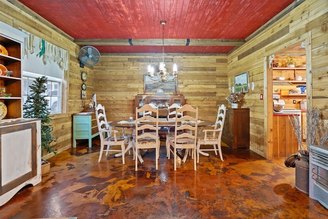 dining area with a chandelier, wood walls, and wooden ceiling