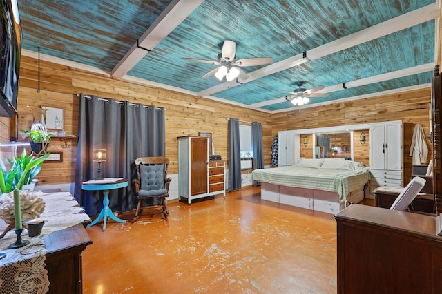 bedroom with wood ceiling, wooden walls, finished concrete floors, and beam ceiling