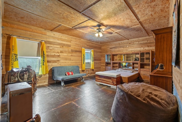 bedroom with wooden walls