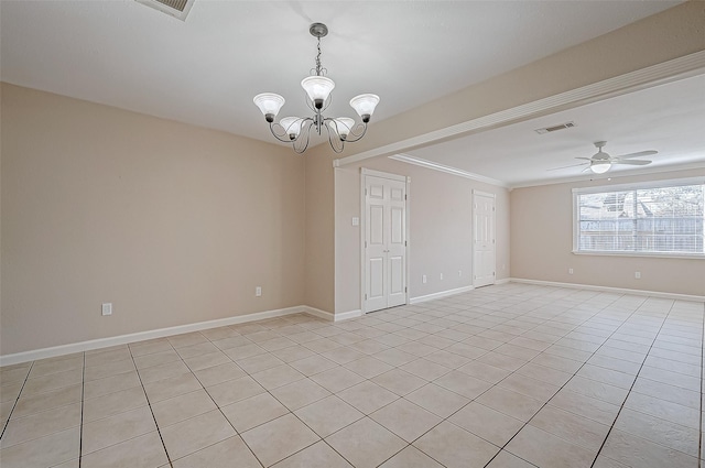 spare room with ornamental molding and ceiling fan with notable chandelier