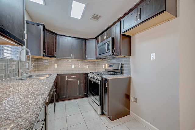 kitchen featuring tasteful backsplash, stainless steel appliances, sink, and dark brown cabinets