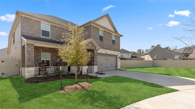 view of front facade featuring brick siding, fence, concrete driveway, a front yard, and an attached garage