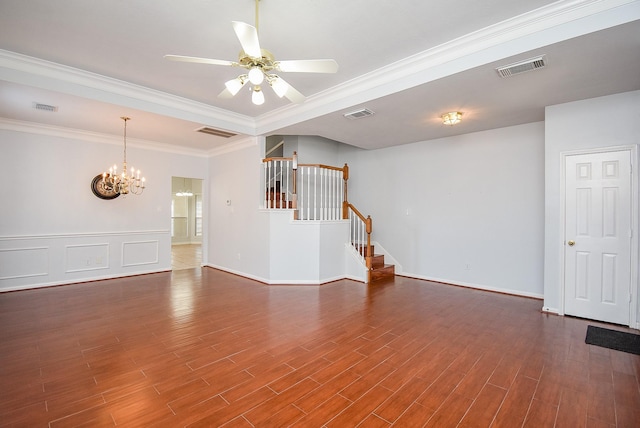 unfurnished living room featuring crown molding, dark wood-type flooring, and ceiling fan with notable chandelier