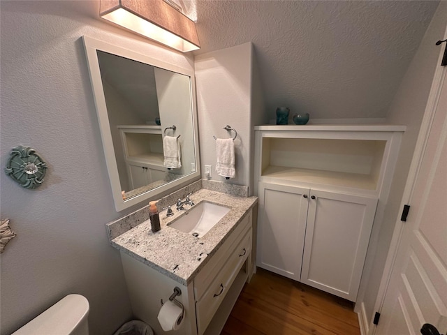 bathroom with hardwood / wood-style flooring and vanity