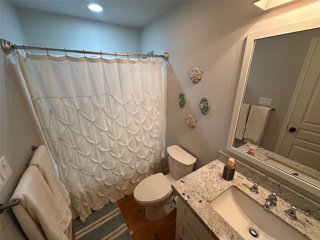 bathroom featuring vanity, toilet, curtained shower, and wood-type flooring