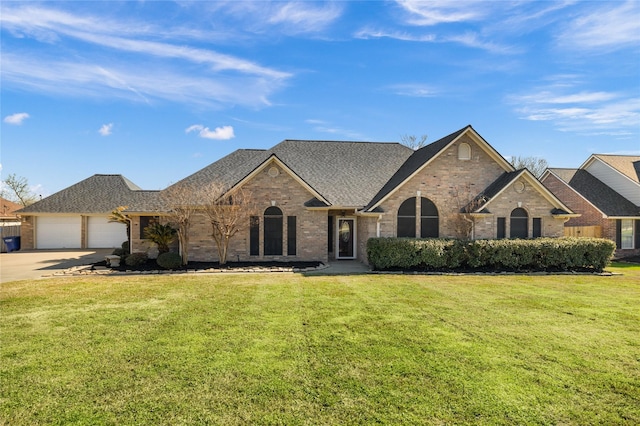 single story home with a garage and a front yard