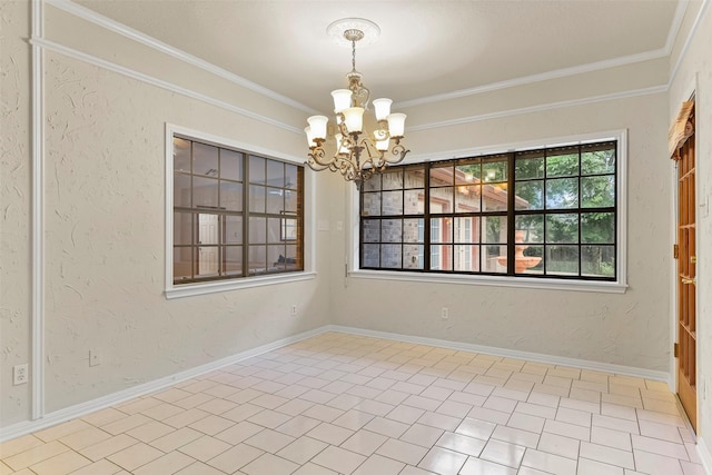 unfurnished room with a notable chandelier and ornamental molding