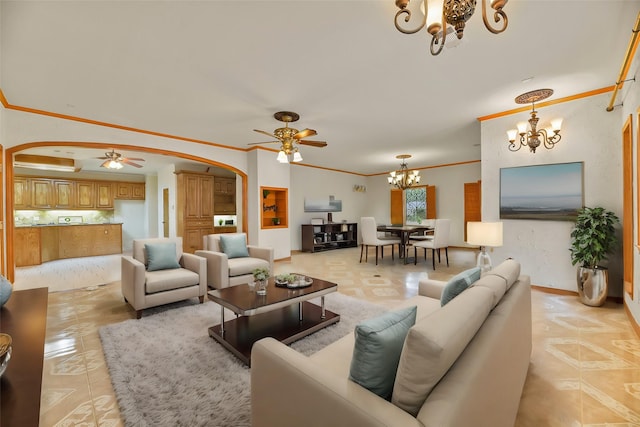 tiled living room with crown molding and ceiling fan with notable chandelier