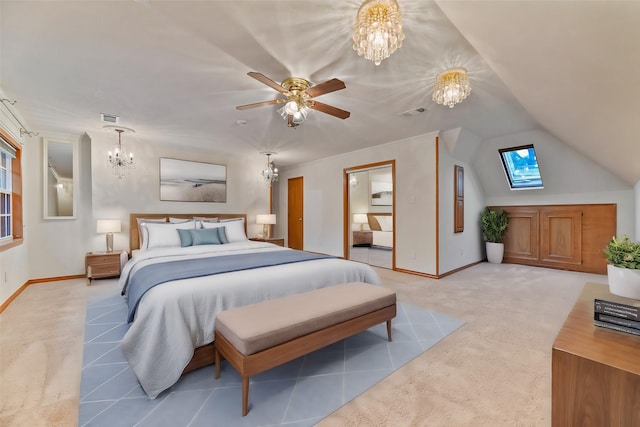 carpeted bedroom featuring vaulted ceiling and a chandelier