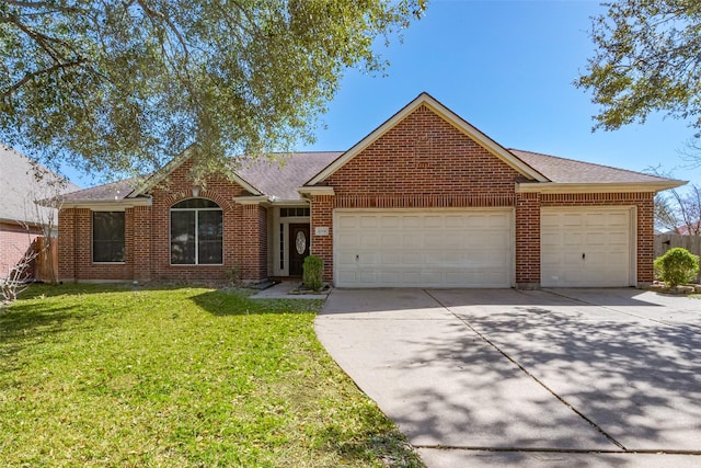 ranch-style home featuring an attached garage, brick siding, concrete driveway, roof with shingles, and a front lawn