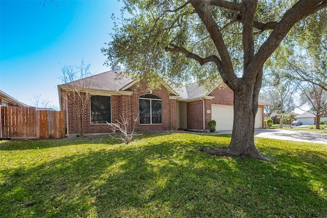 ranch-style home featuring a garage, brick siding, concrete driveway, fence, and a front yard