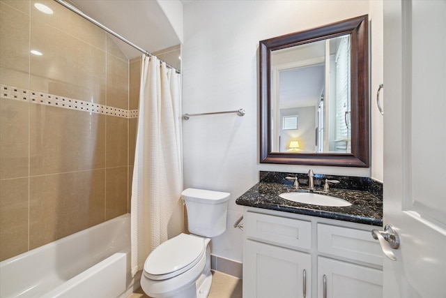 full bathroom featuring shower / bathtub combination with curtain, vanity, and toilet