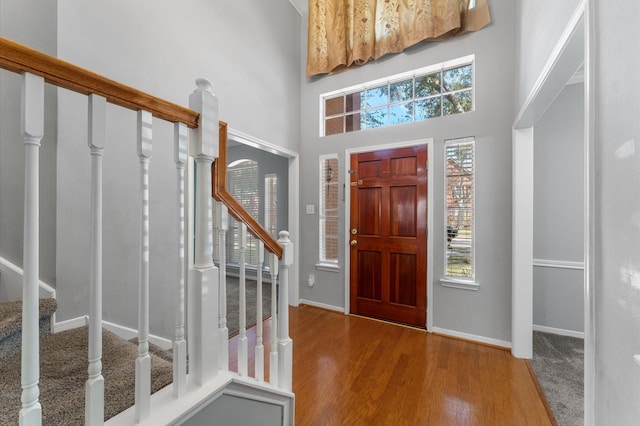 entrance foyer with hardwood / wood-style floors and a high ceiling