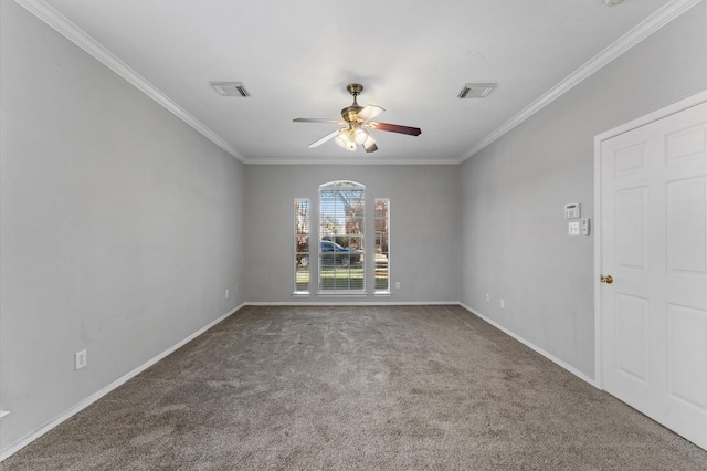 unfurnished room featuring crown molding, carpet floors, and ceiling fan