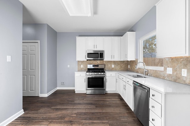 kitchen with white cabinetry, sink, dark hardwood / wood-style flooring, and appliances with stainless steel finishes