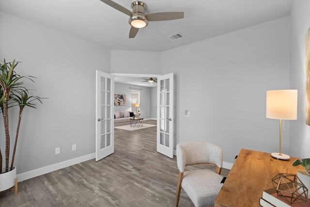 office area with hardwood / wood-style floors, french doors, and ceiling fan