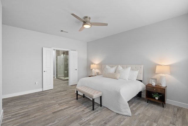 bedroom featuring ceiling fan and light hardwood / wood-style floors