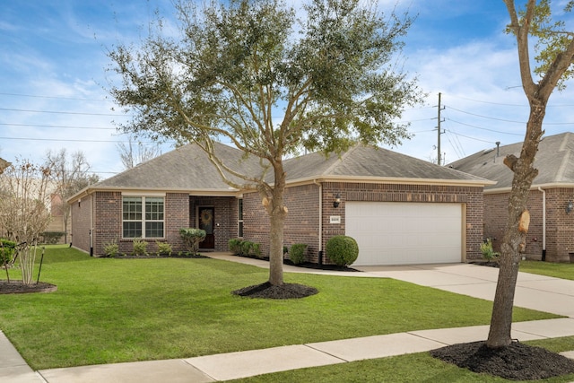 ranch-style house with a garage and a front yard