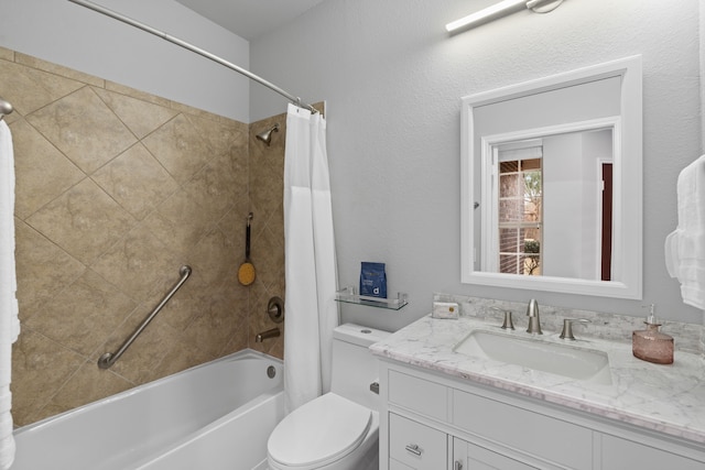 full bathroom featuring toilet, vanity, and shower / bathtub combination with curtain